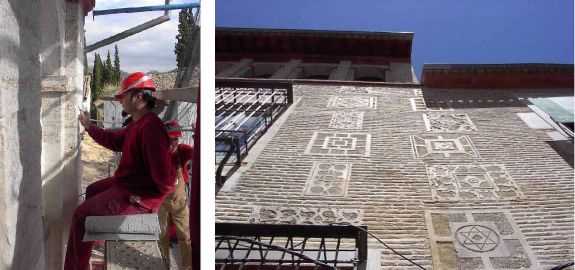 Trabajos de restauración de la fábrica de ladrillo y de los esgrafiados de la fachada a cuesta de San Gregorio. Resultado final
