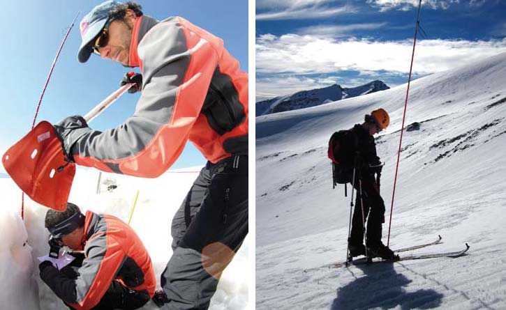 Perfilando un pozo de nieve para analizarlo y realizando sondeos para conocer la profundidad de la capa de nieve. FUENTE: Observatorio de Cambio Global de Sierra Nevada. Metodología y seguimiento. 2012