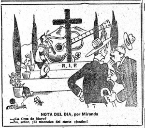Miranda lamenta el fin de la tradición con esta viñeta publicada en 1948 utilizando como referencia la cruz municipal de aquel año (foto de arriba)